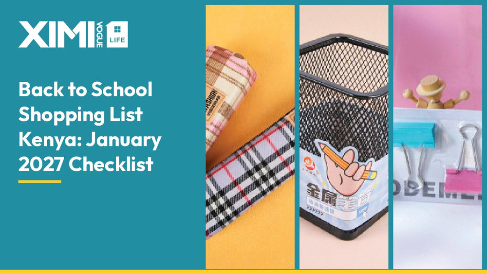 Flat lay of school stationery including notebooks, a pencil case and a ruler on a desk