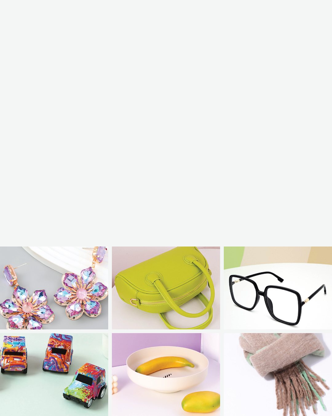 Flower earrings, a green shoulder bag, glasses, toy cars, a fruit tray and a scarf from XIMI VOGUE