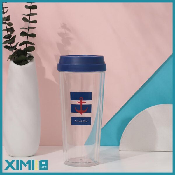 Marine Style Anti-Scald Double Wall Plastic Coffee Mug (Blue)(520ml/17.5fl.oz.)