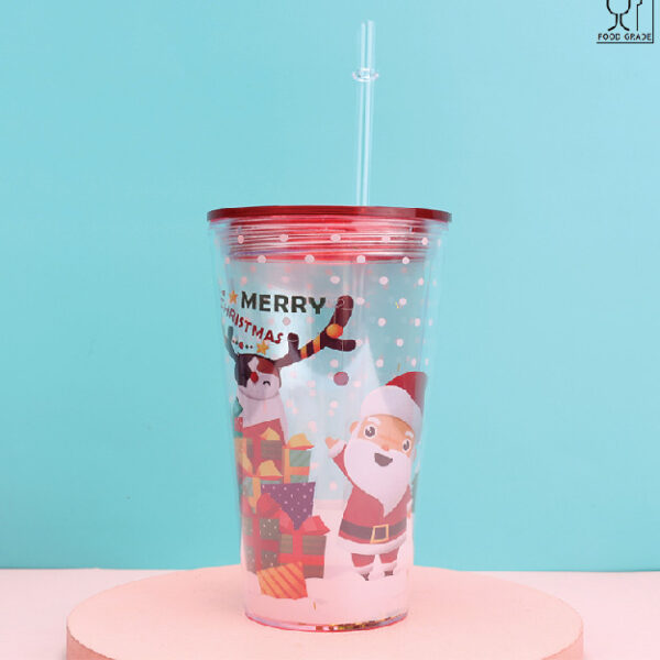 Christmas Series 500mL/16.9fl.oz. Santa Claus Flat Top Cup with Straw (Red)