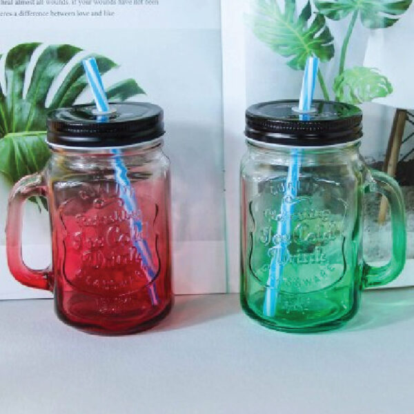 Straws Gradual Change Glass Handle Cup (With Lid)