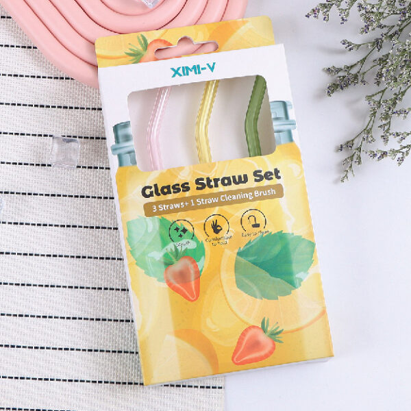 Diamond Design Solid Color Glass Straw Set 3 Straws + 1 Straw Cleaning Brush