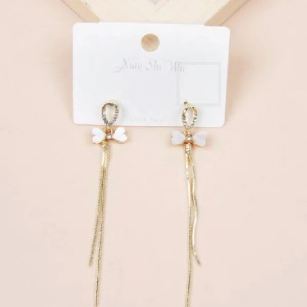Long Tassel Dot Diamond Bow Stud Earrings