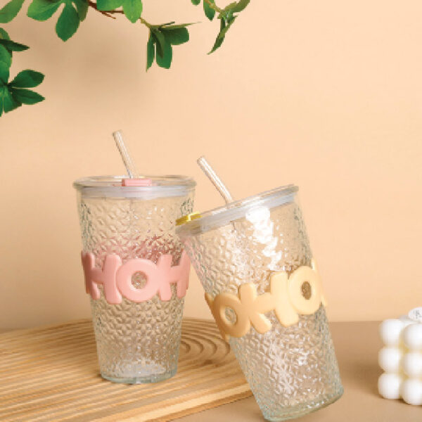 Letter Drill Flower Glass (Straw With Lid, 480Ml)