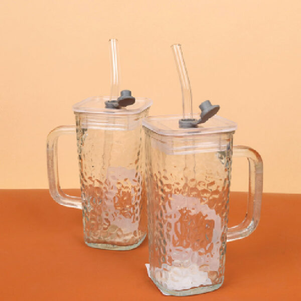 Square Glass Handle Cup (Straw, With Lid, 260Ml)