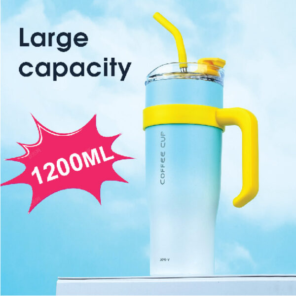 1200Ml/40.57Fl.Oz. Extra Large Basic Thermos Cup With Straw (Gradient Blue)