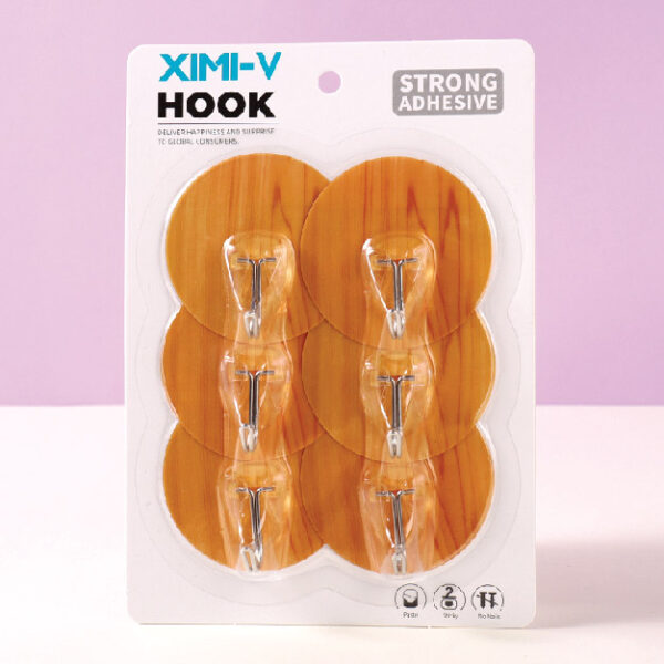 Imitation Wood Grain Round Traceless Sticky Hooks 6 Pcs (Brown)